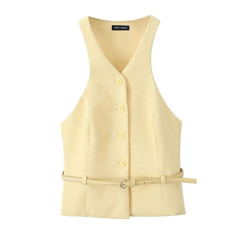 thumbnail image 1 of HH TRAF 2024 Tops de estilo callejero de moda para mujer, cuello en V amarillo, sin mangas, cinturón decorativo, tops de verano con un solo pecho para mujer a la moda, 1 of 5