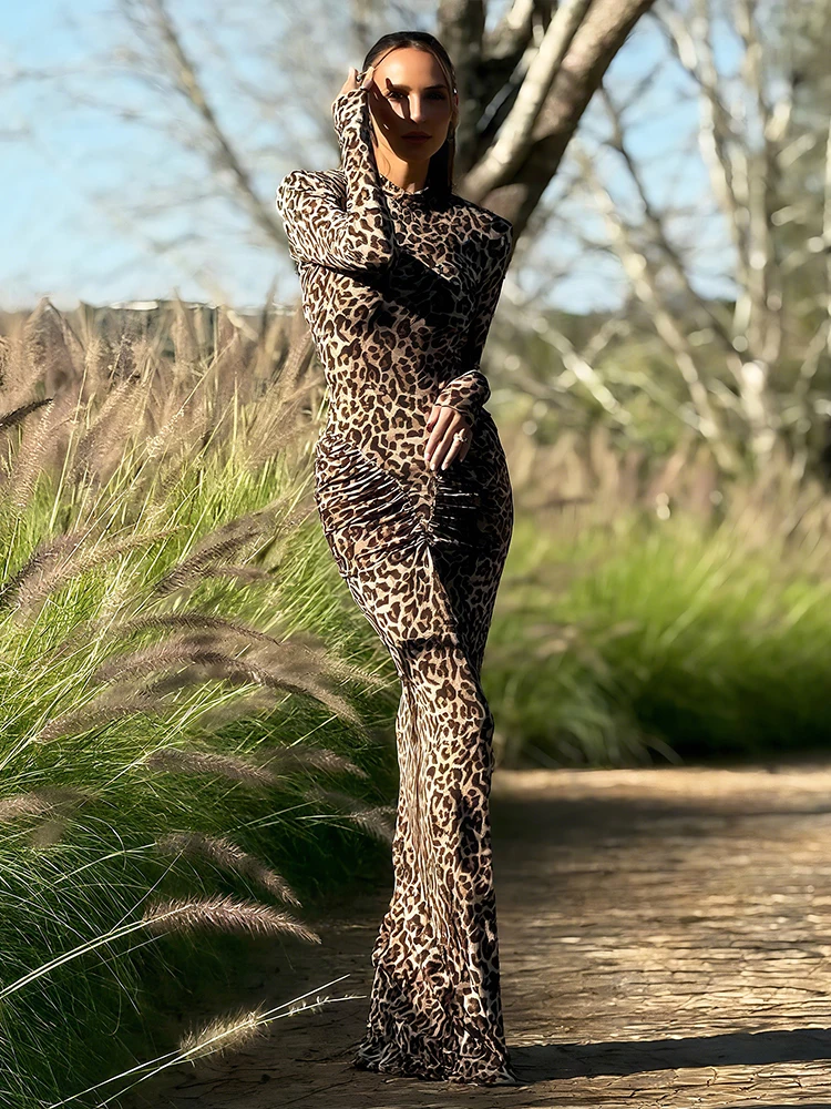 Nibber Elegant Ruched Patchwork Dress Women Leopard Print Long Sleeve Stretchy Skinny Peach Hip Clubwear Sexy Skinny Vestidos