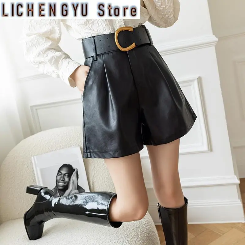 New Women's PU Leather Shorts With Belt Winter Stylish Pockets Ladies Elegant Solid Casual Shorts Trousers Female