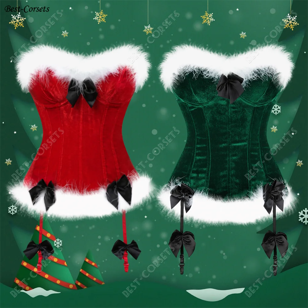 Red Corset Tops for Women Christmas Corset with Feather Santa Costume Carnival Sexy Overbust Corset with Straps