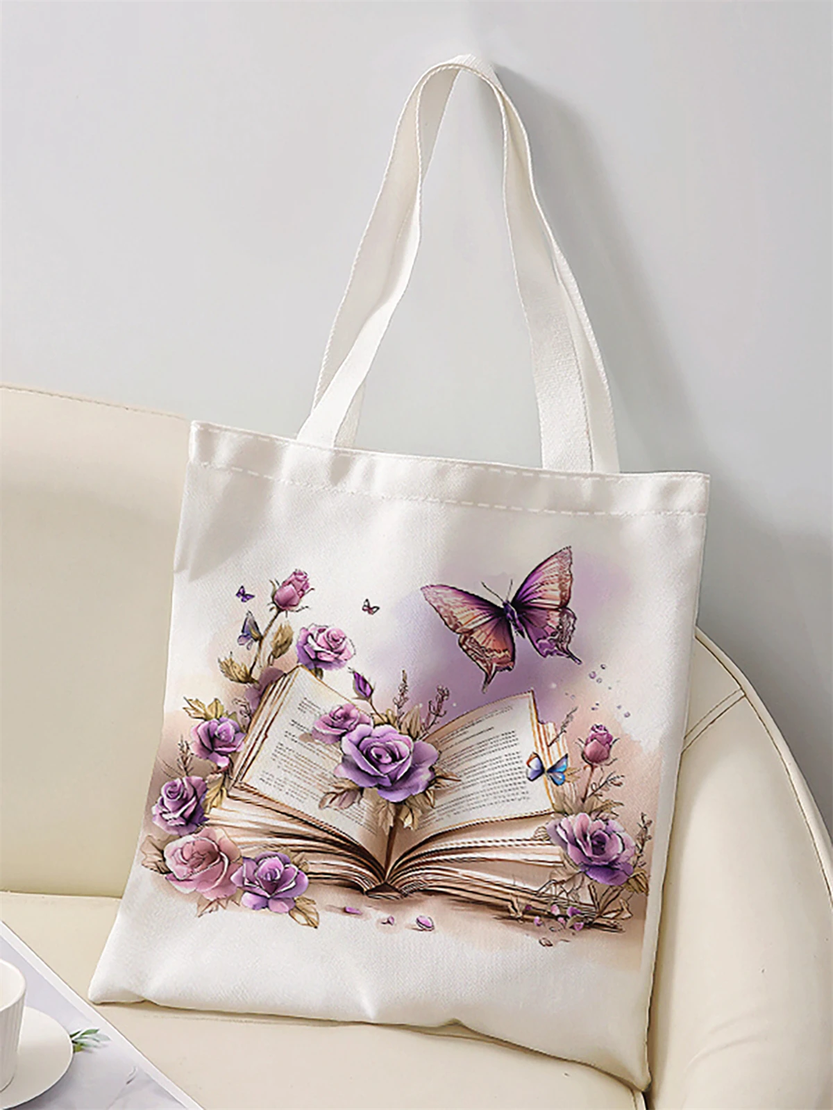 Butterfly and book printed casual handbag, reusable fashionable backpack, multifunctional handbag, canvas shopping bag