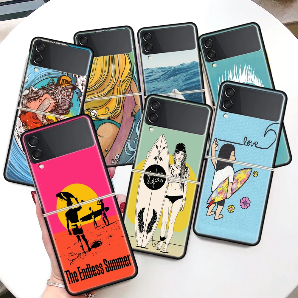 Tavola Da Surf Surf Art Surf Girl Summer Coque Phone Case Per Samsung Galaxy Z Flip 4 3 5G Black Hard Cover Zflip 3 4 Luxury Shock