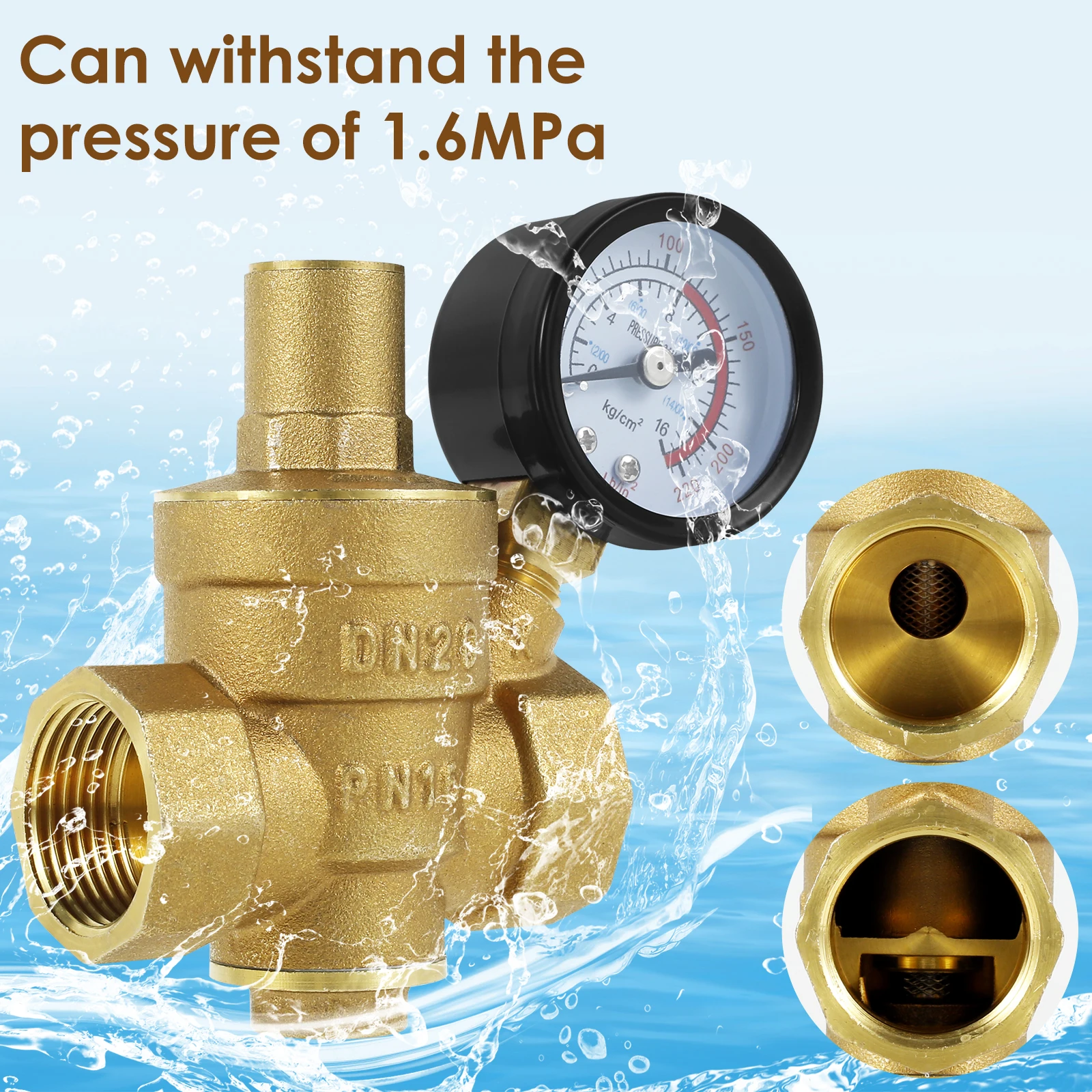 Water Pressure Reducer 3/4inch DN20 Brass Water Pressure Regulator Valve 1/2inch DN15 Adjustable Pressure Reducer with Pressure