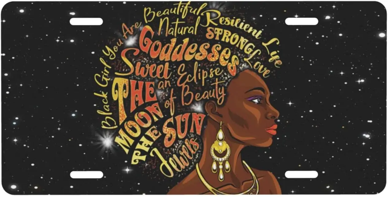 

African Women Girl Gold Goddesses Galaxy Aluminum License Plate Decorative Metal Car Front License Plate Cover with 4 Holes