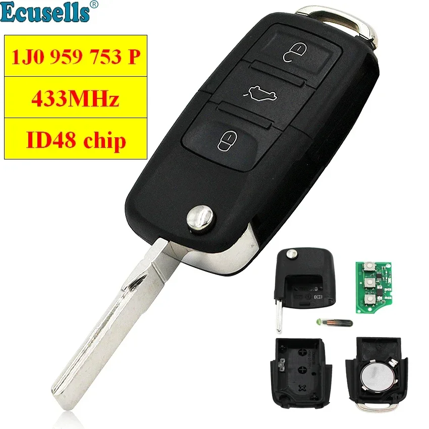 

3 BUTTON FULL REMOTE KEY 433MHz with ID48 Chip for SKODA Octavia/Superb/Fabia 2001-2004 1J0 959 753 P 1J0959753P