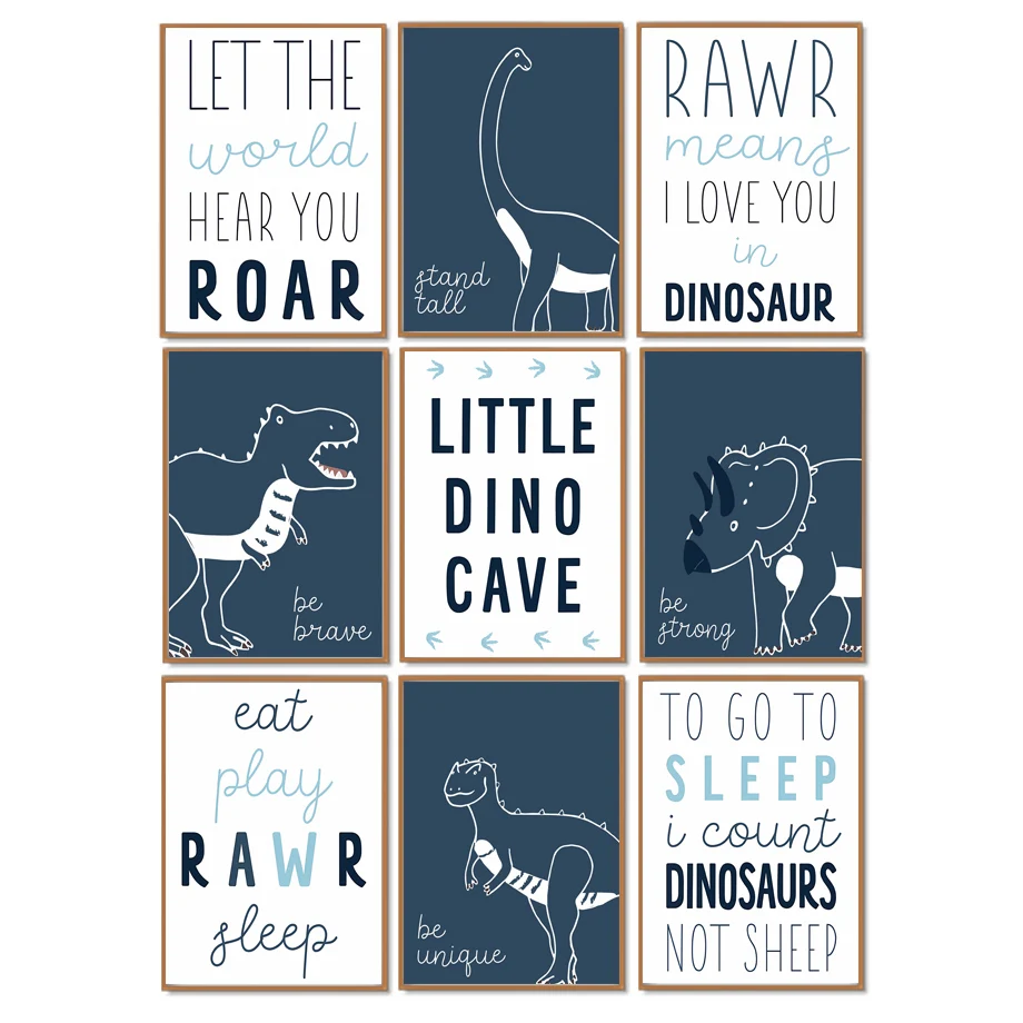 T Rex Triceratops Dinosaur Set Quotes Nursery Wall Art Canvas Painting