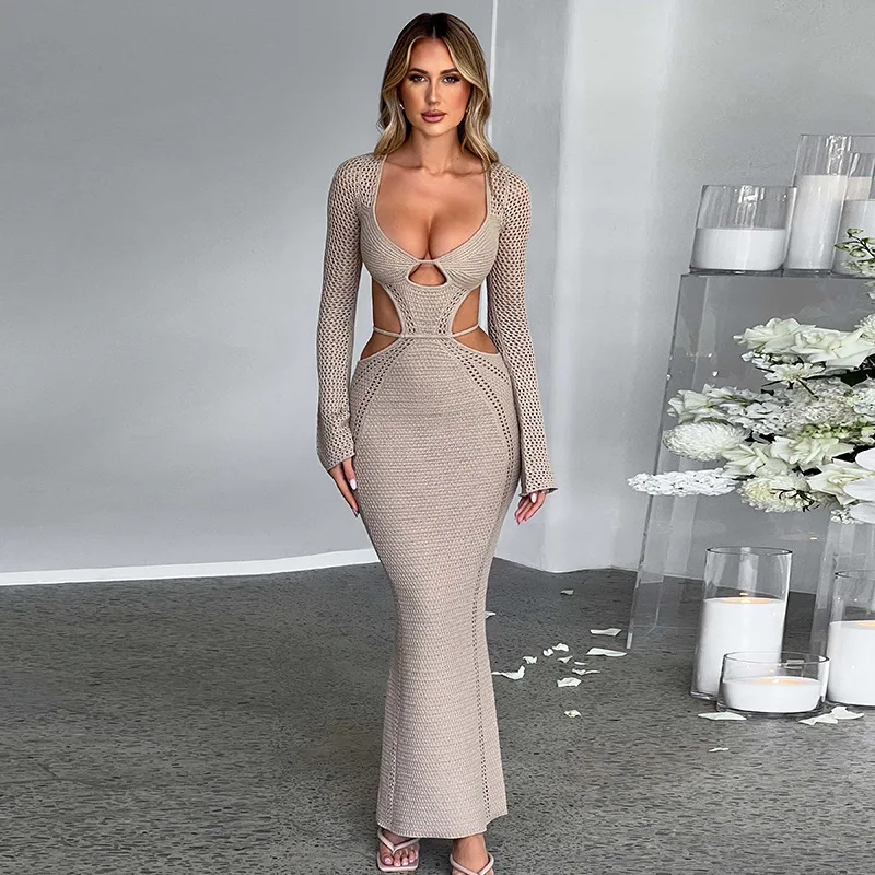 

Elegant Knitted Backless Lace Up Maxi Dress for Women 2023 Autumn Long Sleeve Halter Hollow Out Bodycon Vestidos Party Clubwear