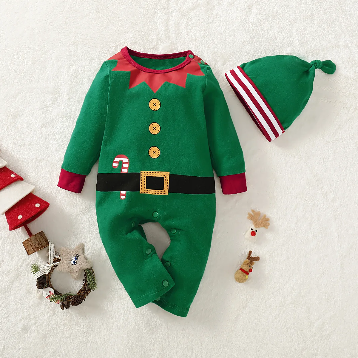 

Baby Girls Boys Christmas Romper Newborn Red Green Cartoon Jumpsuit Kids Christmas Pajamas Bodysuit with Hat Set