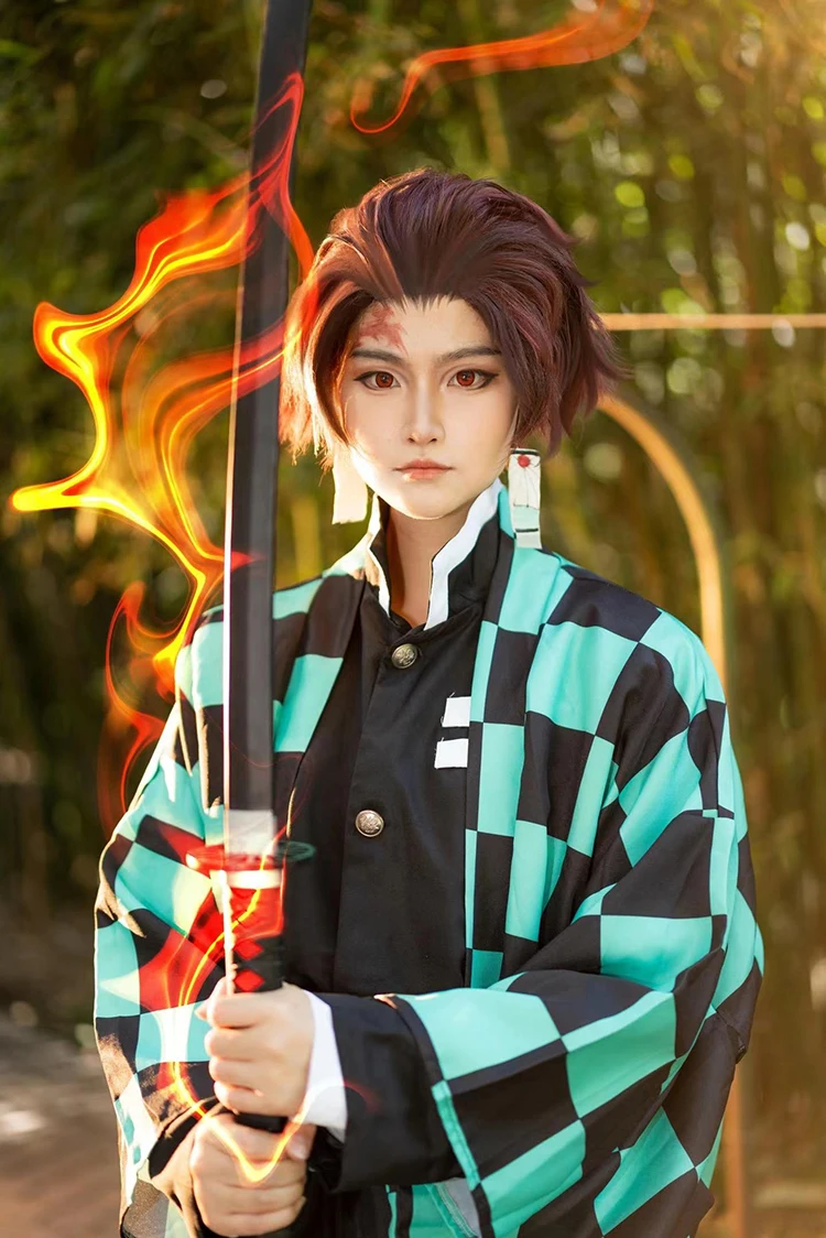 Anime Demon Slayer Kamado Tanjirou Cosplay Costume Kimetsu No Yaiba Clothes Halloween Party Adult Kid Wig Mask Kimono Uniform