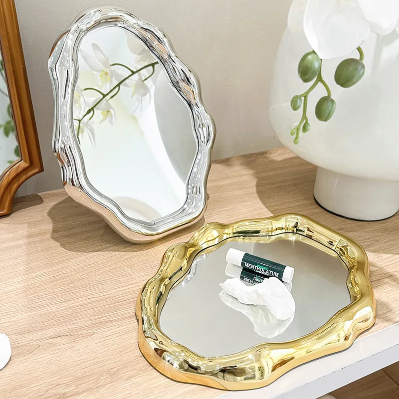 Korean Luxury Electroplate Mirror Figurines Silver Mirror Desktop Makeup for Bathroom Living Room Study Home Decor