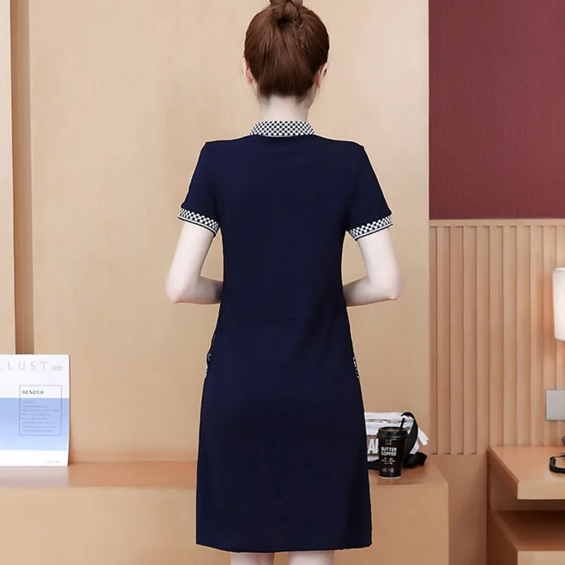 6403 격자 무늬 폴로 넥 짧은 드레스 여성용 반팔 사무실 미니 드레스, 슬림 지퍼, 우아한 포켓, 블랙, 블루, 여름 티셔츠 드레스