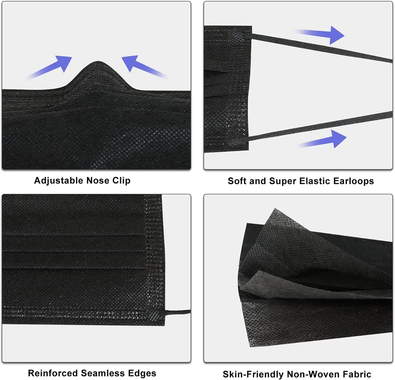 Lot de 10 masques chirurgicaux Type IIR noirs, emballés dans un sachet transparent.