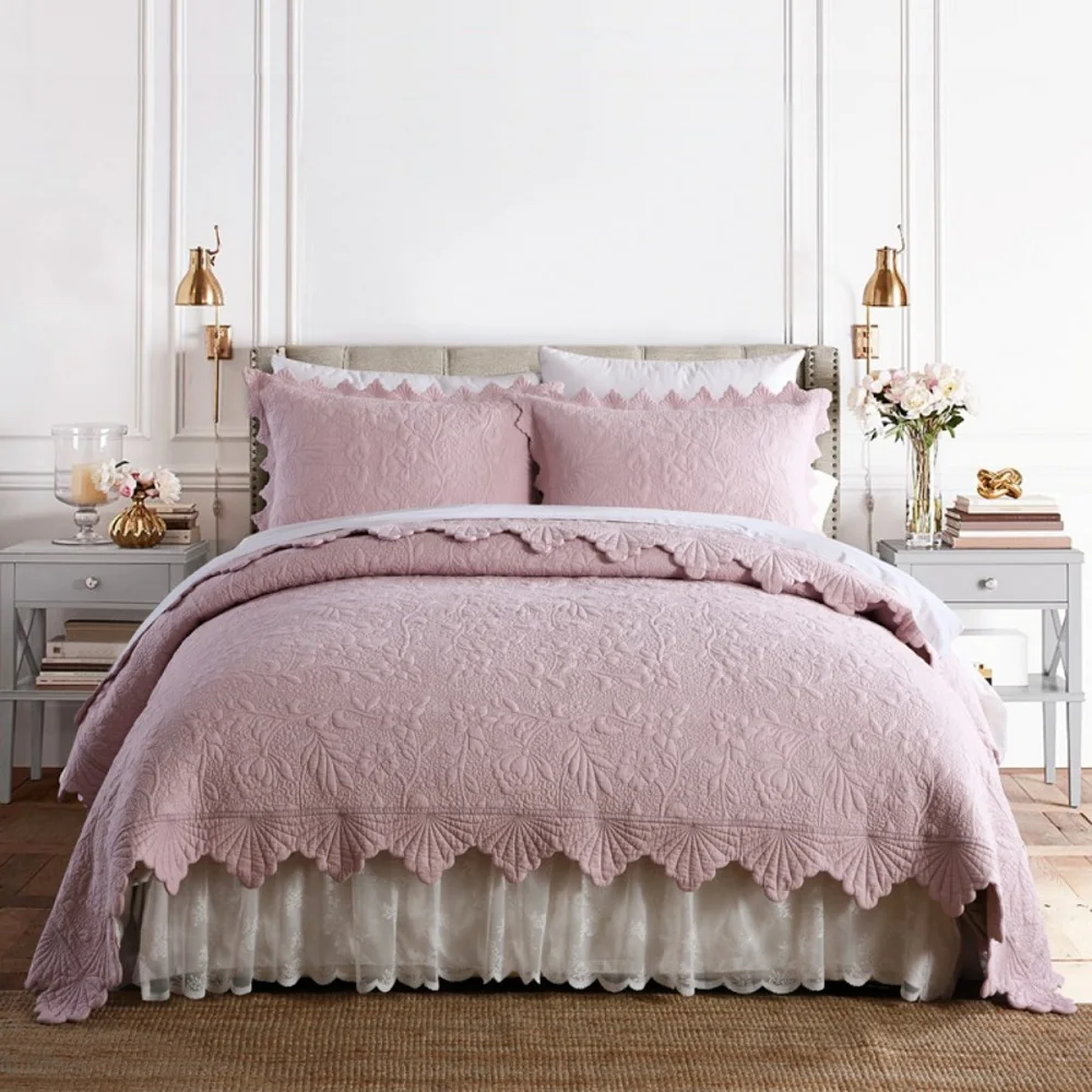 

French Cotton Quilt Set 3-Pieces Bedspread on the Bed Embroidered Coverlet Queen King Size Quilted Bed Cover Blanket for Bed