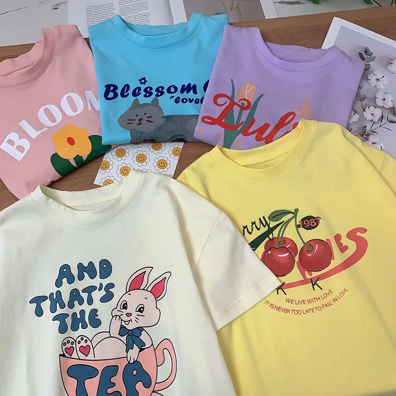 

2024 Summer Korean Children Girls T-shirts Cartoon Letter Printed Short Sleeve Baby Girls Tops Casual Cool Muslin Kids Girl Tees