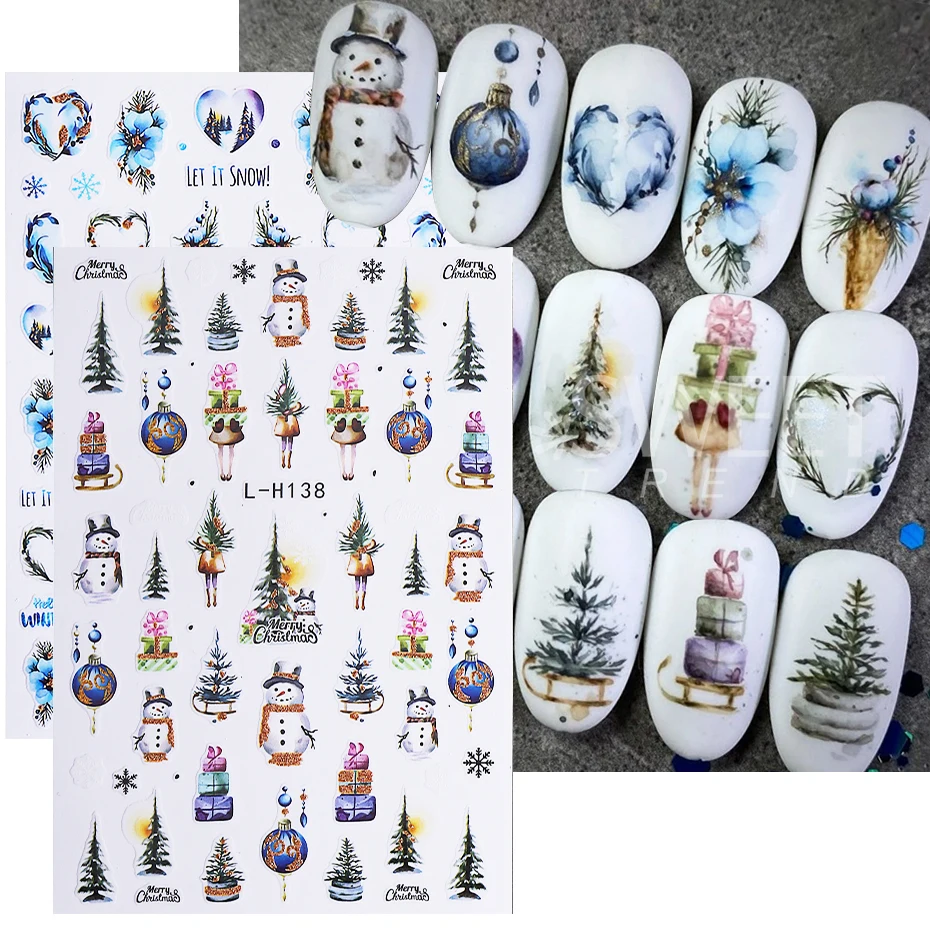 8pcs Christmas Nail Stickers Self-Adhesive Reindeer Santa Claus Penguin Xmas Tree Holly Nail Decals Manicure Decoration Sliders