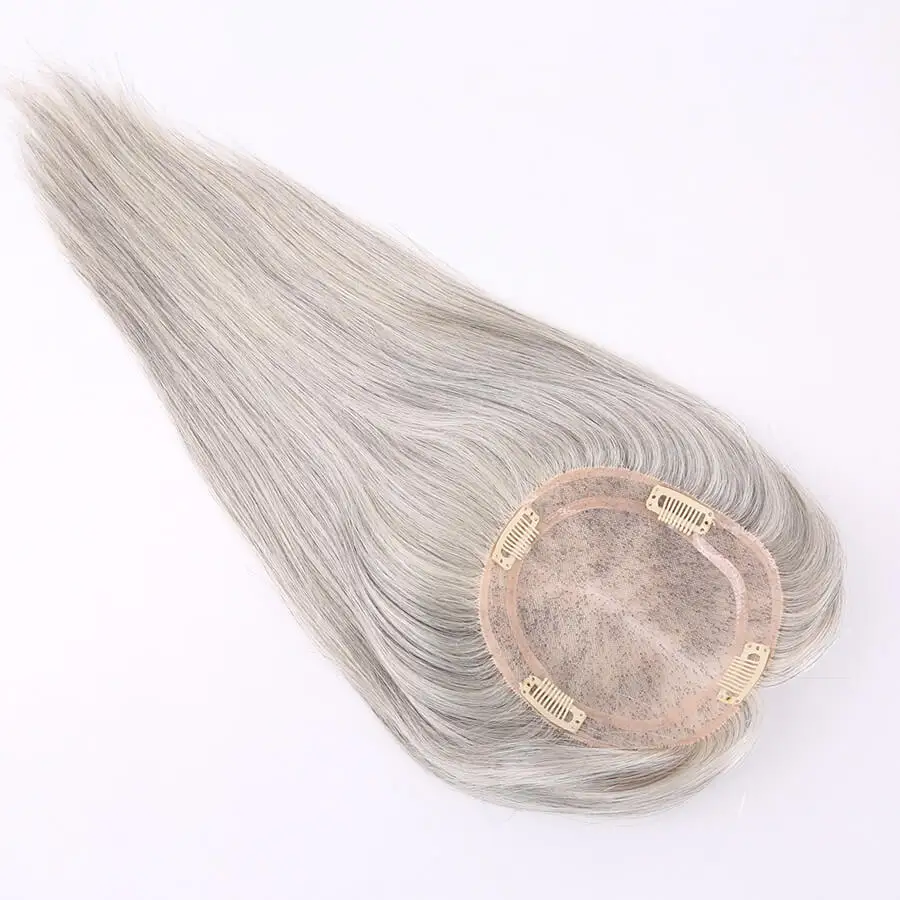 Sistema di Capelli Umani Vergini Russi Lisci 12-18 Pollici 1b Grigio Bianco, Parrucchino per Donne 5.5x6 Pollici, Topper in Monofilamento per Donna Bianca - immagine 5