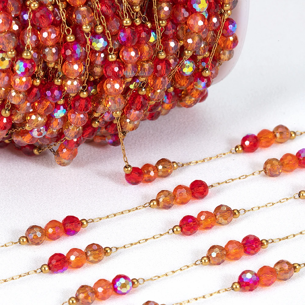 

1Meter Stainless Steel Red Crystal Bead Chain Gold Color Beaded Necklace Chains DIY Bracelet Making Supplies Jewelry Findings