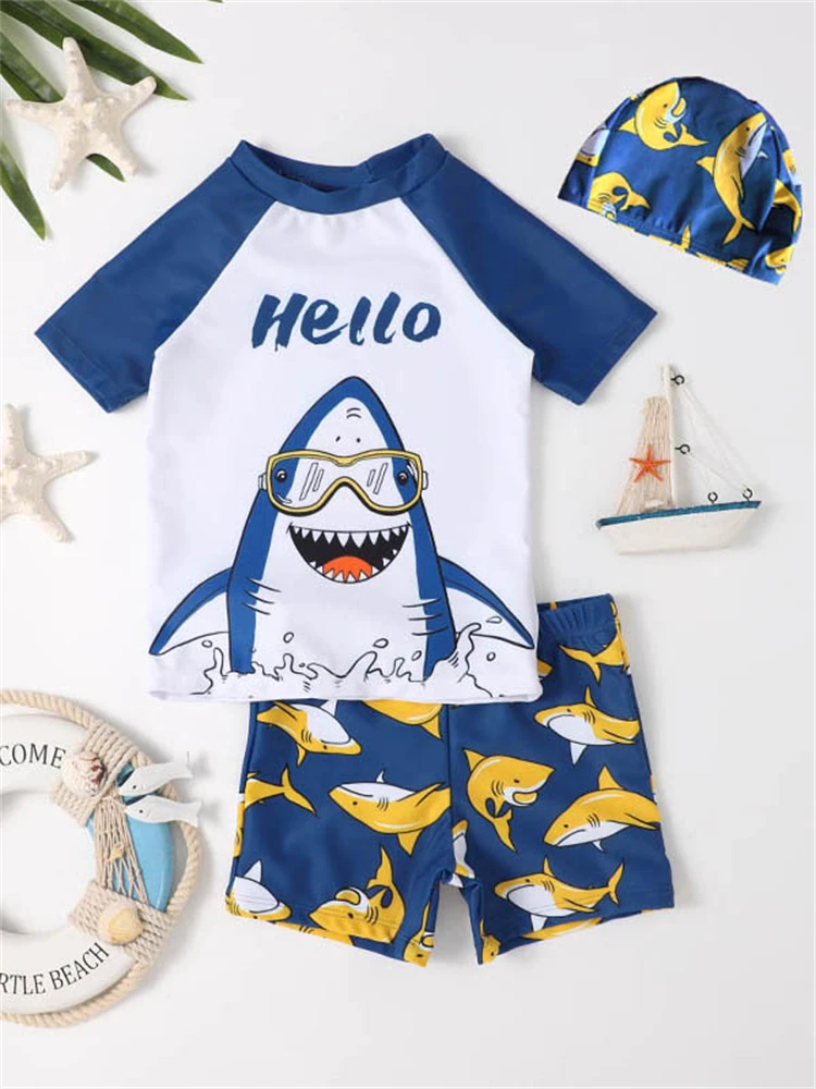 Kids Swimsuit Boy Swimming Shark Pattern Short Sleeves Children Swimwear Summer Two Piece Shorts Beachwear Bathing Suit