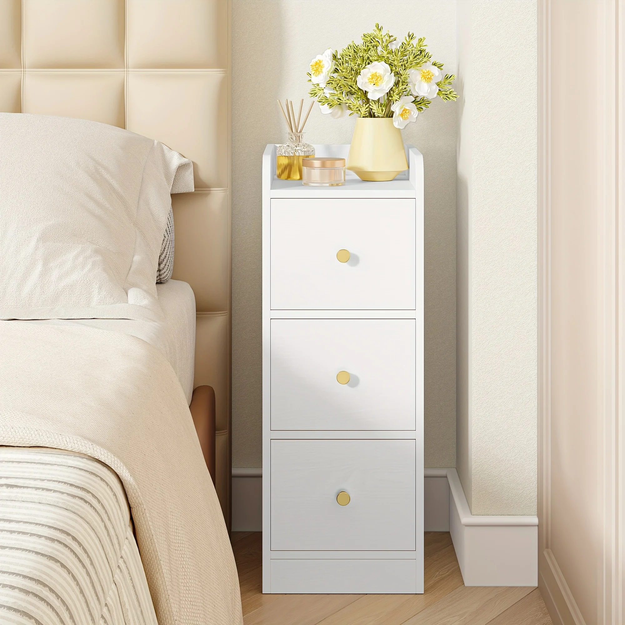Slim Bedside Table, Narrow Side End Tables with 3 Drawers, Bedside Cabinet with Top Guard, Small Nightstand for Bedroom, Living Room, Office, 30 X 24 X 60cm White