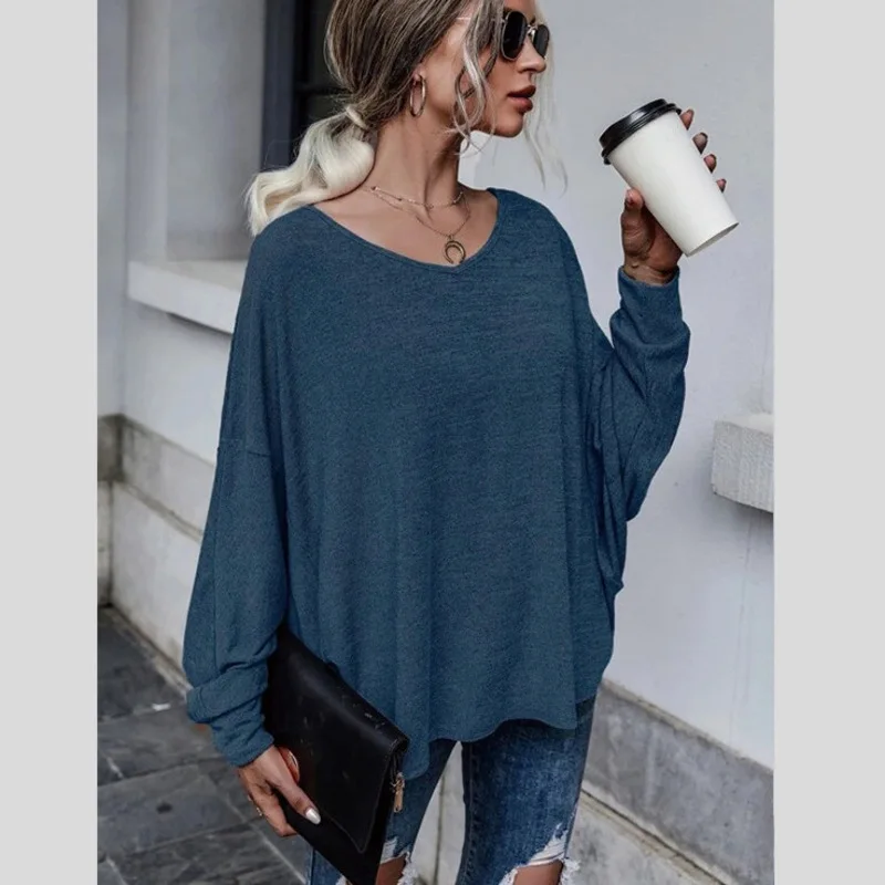 

sweater Autumn/Winter Women's Solid Color Loose Lace Up Back Drop Shoulder T-shirt classics