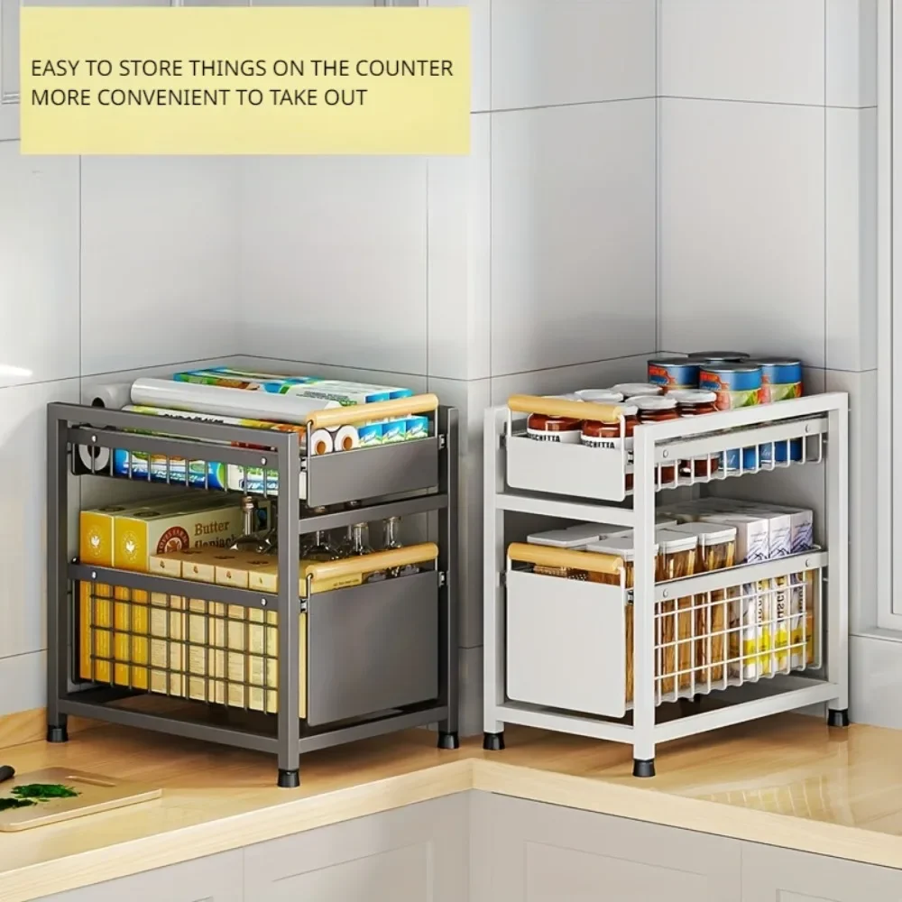 Kitchen Pull-Out Layered Rack Carbon Steel Under Sink Storage Shelf Seasoning Bottle Spice Cabinet Organizer with Sliding Drawer