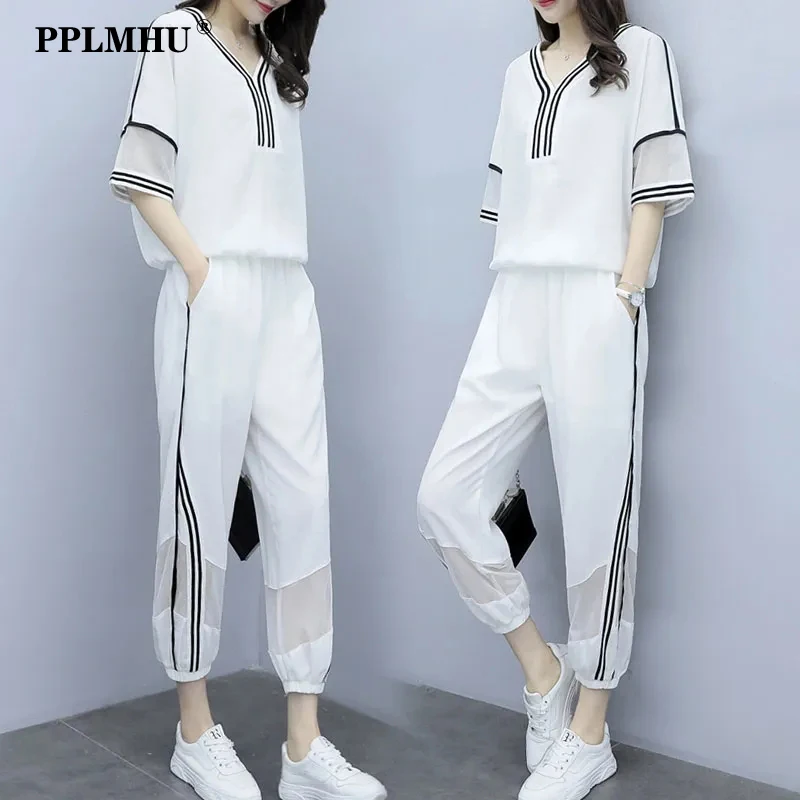 

Летний Повседневный Спортивный костюм для женщин 5Xl, 4Xl, Женский комплект из 2 предметов, корейский Свободный Топ с коротким рукавом и укороченные брюки, спортивный костюм для бега