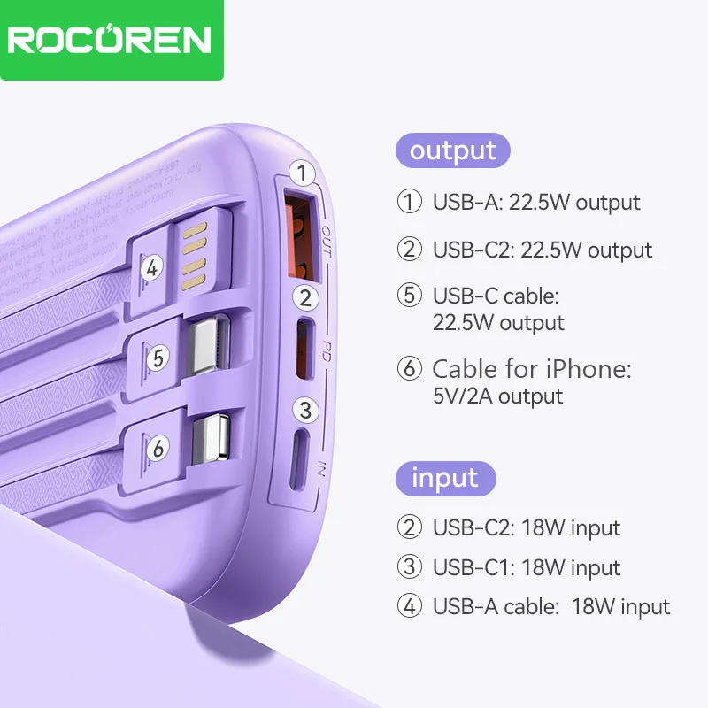 Rocoren 22.5W Fast Charging Power Bank With 3 Cable Mobile External Portable Battery Charger powerbank For iPhone Samsung Xiaomi 4