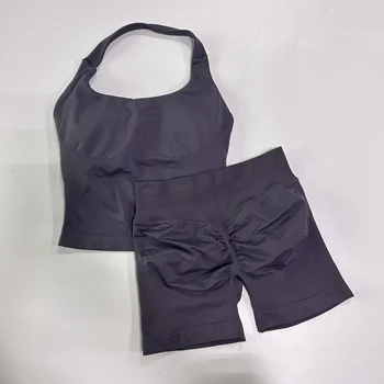 مجموعة رياضية بدون ظهر، قمصان بدون أكمام، خصر مرتفع، شورت مطاطي عالي بدون درزات 11