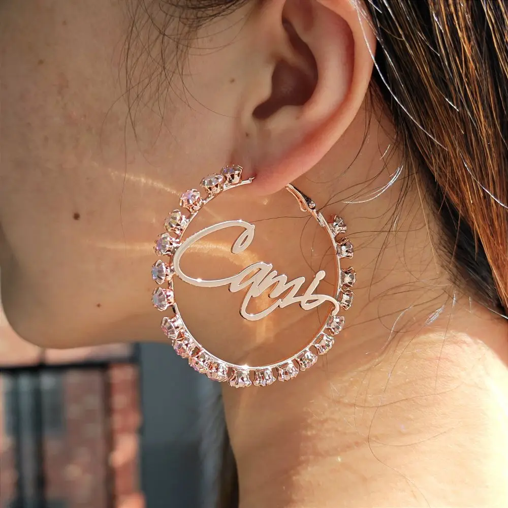 2023 Personalize 50-70mm Name Hoop Earring Personalized Abs Diamond Big Earring For Women Party Jewelry Gifts