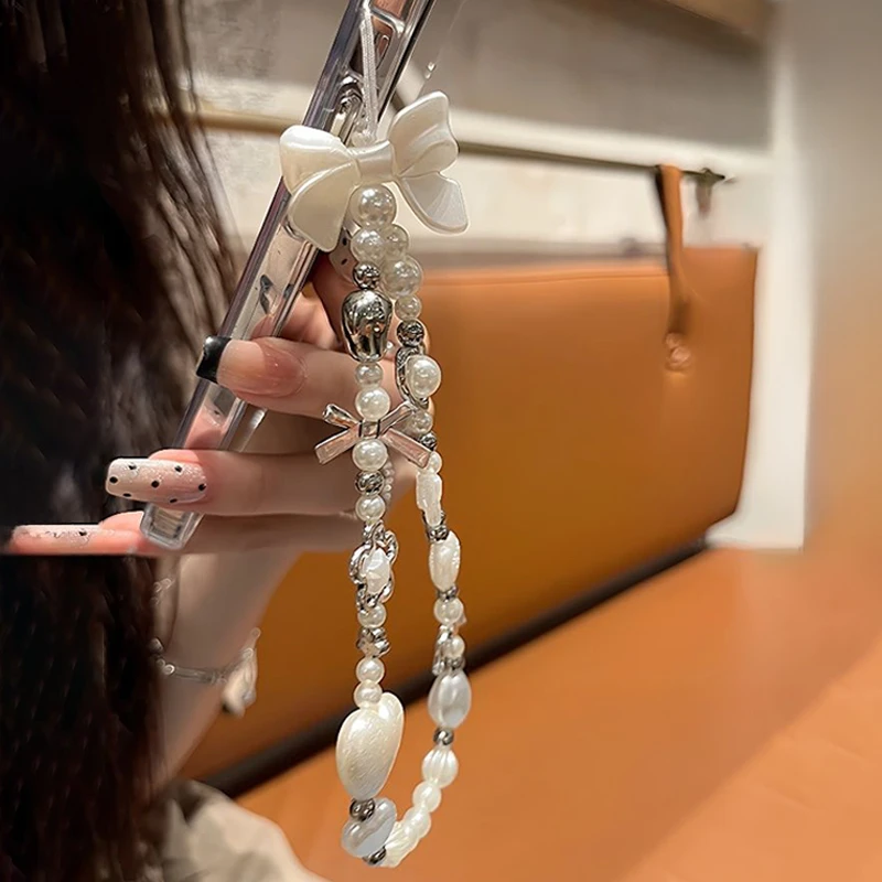 한국어 귀여운 바로크 화이트 보우 플라워 비즈 폰 참 끈 아이폰 XYun 삼성 유니버설 액세서리 쥬얼리 펜던트