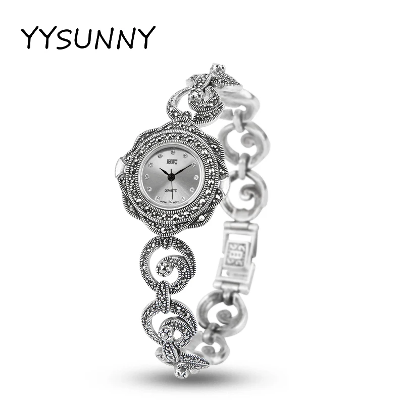 

YYSUNNY женский модный браслет, круглые кварцевые наручные часы с цветком, Элегантные S925 Стерлинговое Серебро, полый ремешок, ювелирные изделия, аксессуары