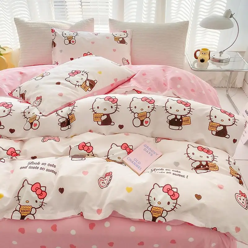 

Hello Kitty Bedding Set Sanrio Kuromi Melody Cinnamoroll Cotton Duvet Cover Bed Sheet Pillowcase Home Textile Dormitory 3-Piece