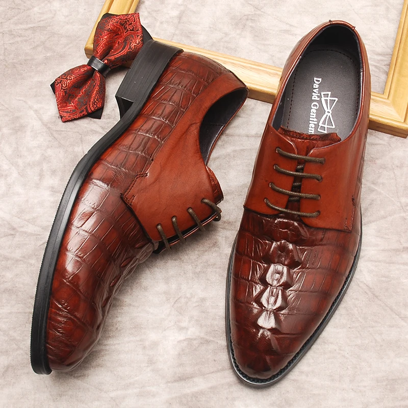 

Black oxford Shoes For Men Crocodile Pattern Genuine Cow Leather Elegant Men Dress Shoes Black Brown Lace Up Wedding Formal Shoe
