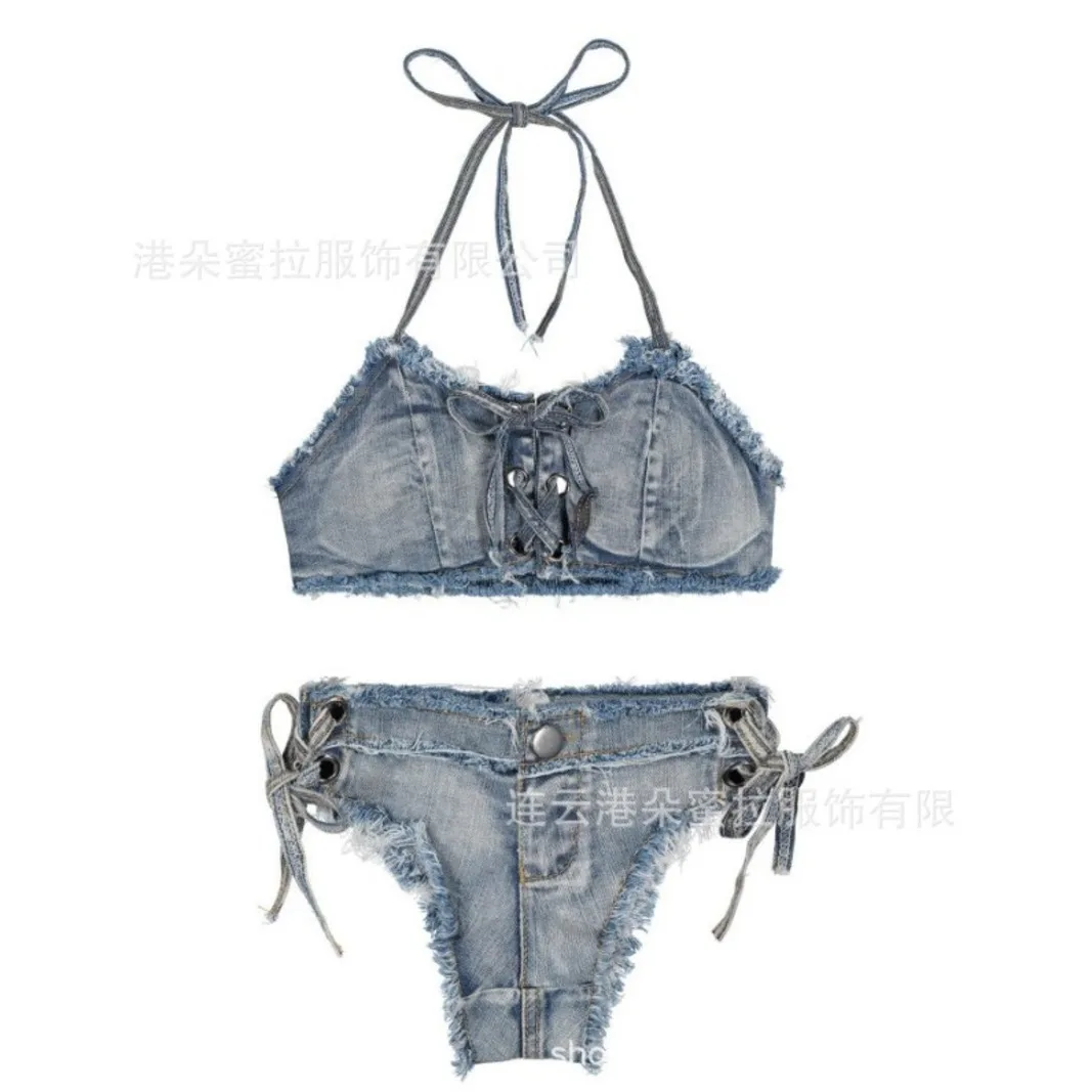 여성 매달린 목 등 없는 가슴 레이스 업 상의 데님 비키니 반바지, 섹시한 섹시한 소녀 유혹 세트, FJ7V, 2023 여름