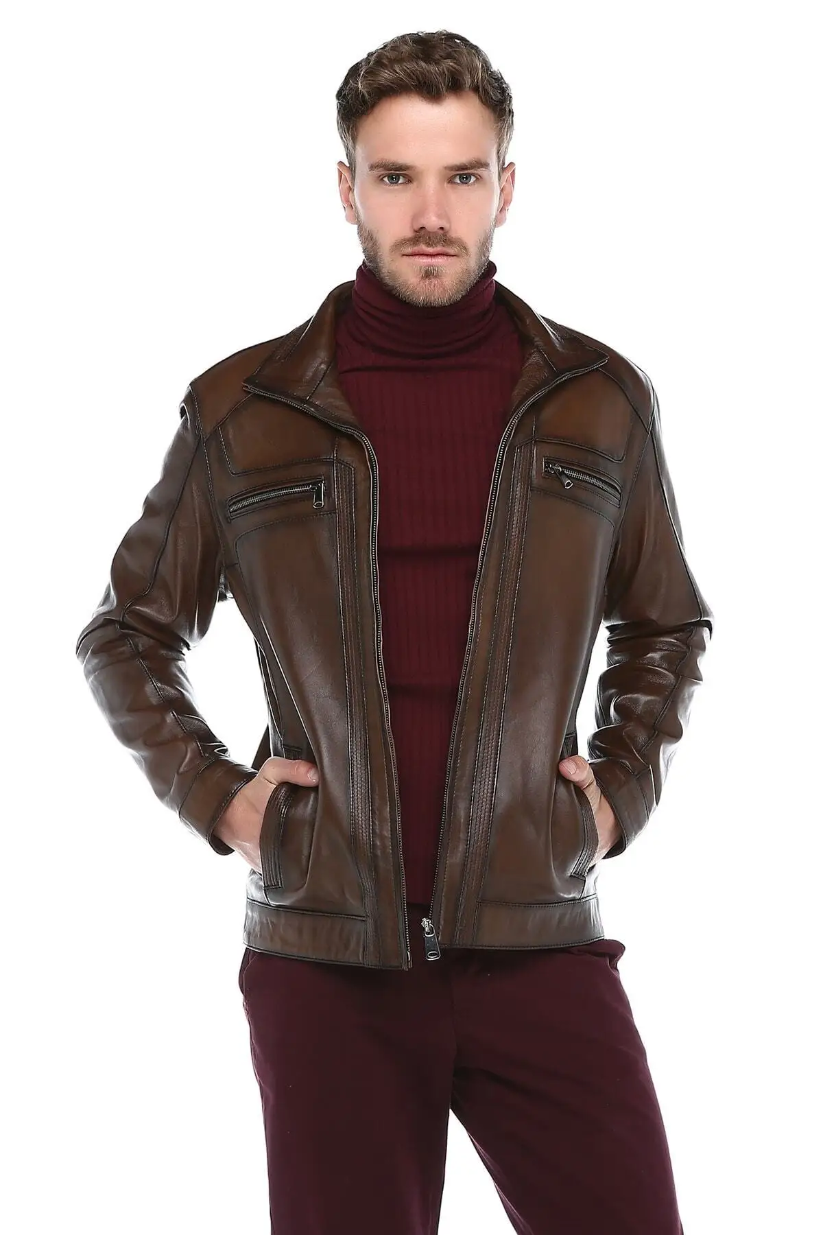 Brown Genuine Leather Coats Men Sports Jacket Autumn Spring Season Clothing Completely Handmade Products From Turkey