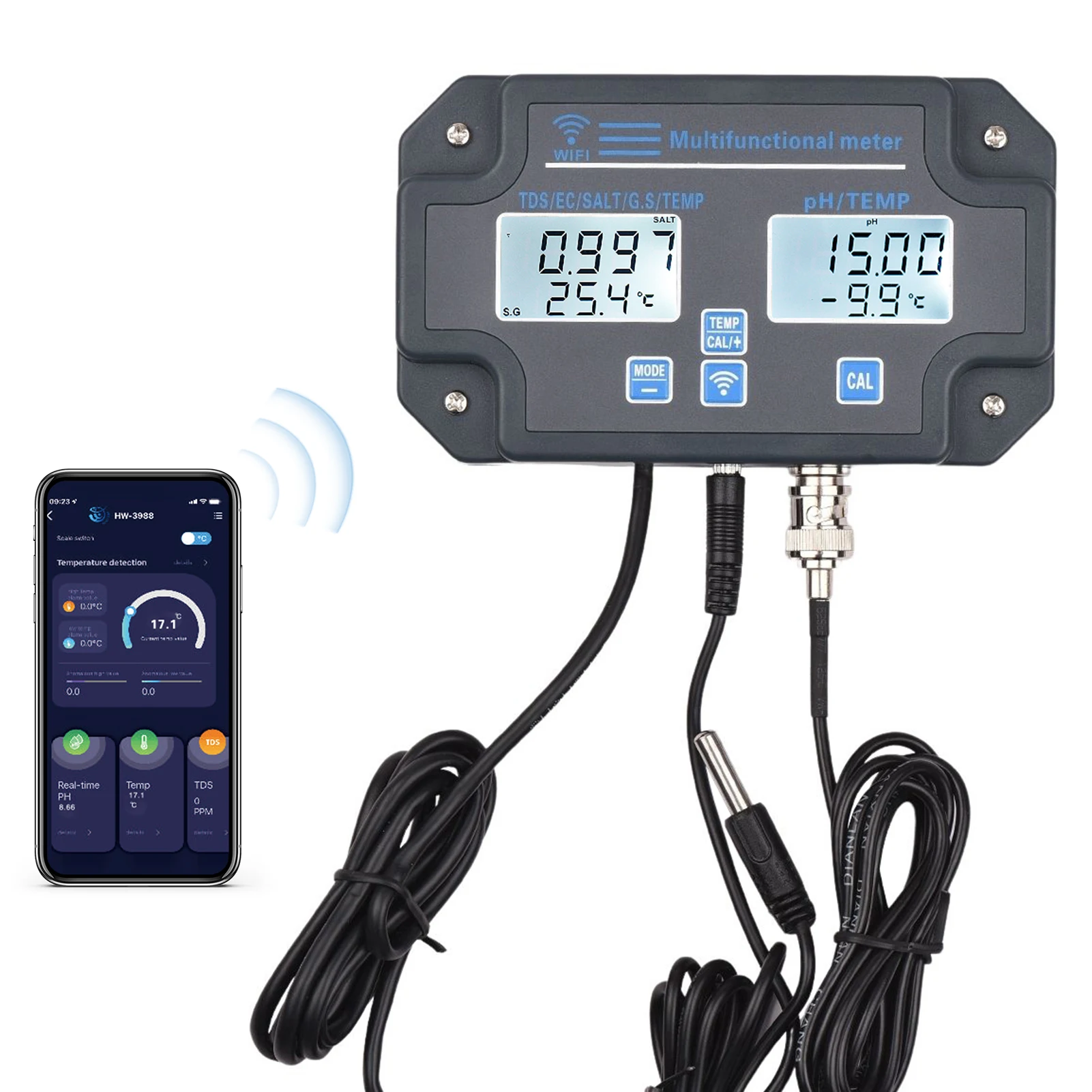 Wifi Digital Water Quality Tester Wall Mounted 6 in 1 Analyzer PH/ EC/ TDS/ SALT/ G.S/ Temperature APP Remote Monitoring |