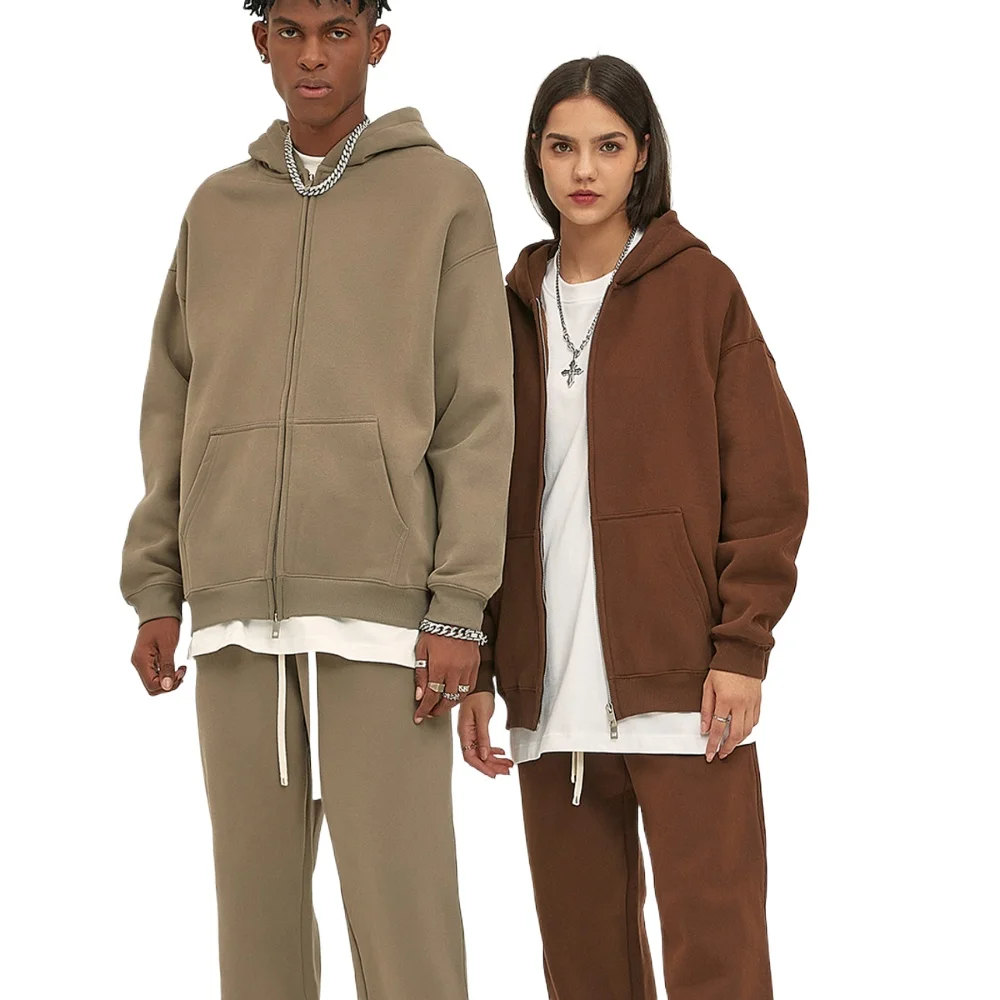 Custom LOGO autumn and winter new product velvet thickened 350g high-quality zipper sweater trousers men and women couple suit 2
