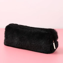 Adorable Large Capacity Plush Pencil Case for Girls - Cute Storage Bag for School and Office Supplies (Black)