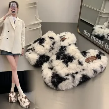 Women Thick Platform Warm Fluffy Slippers Female Autumn Comfortable Non Slip Home Warm Shoes Woman Thick Soled Plush Flip-flops 1