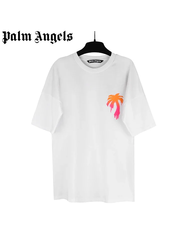 palm angels Summer Fashion Gradient Coconut Letters Printed Cotton Loose Round Neck T-Shirt Tops For Men Women Couple Model