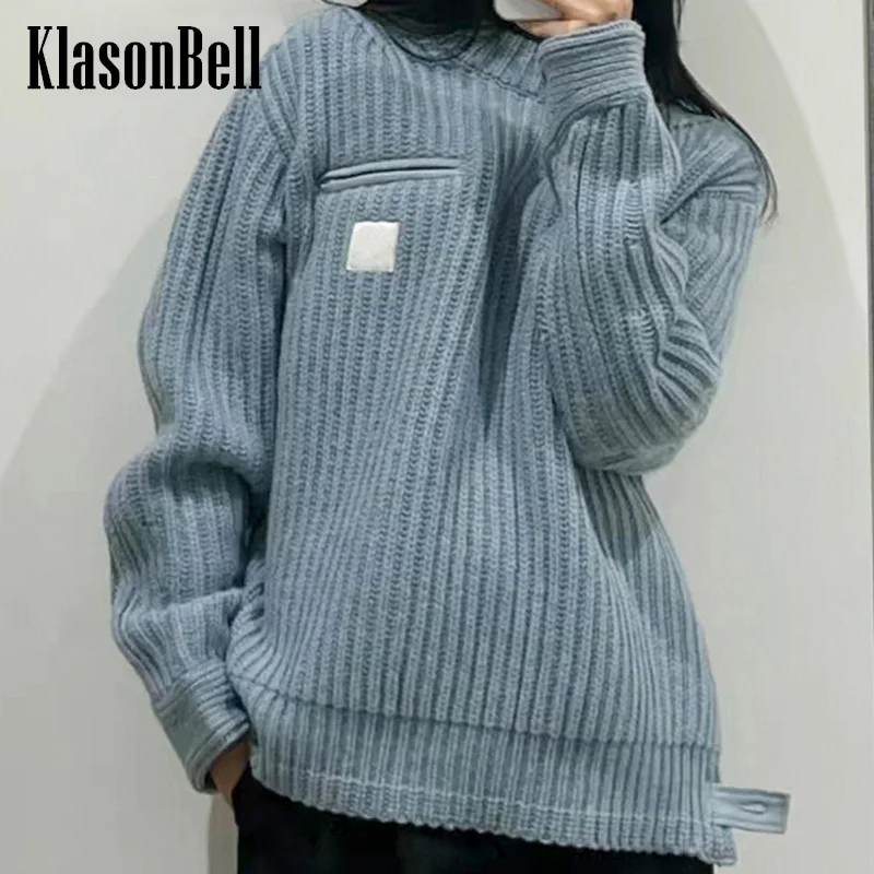 

11.16 KlasonBell Fashion Runway Letter Zipper Pocket Decoration O-Neck Coarse Yarn Knit Loose Sweater Women