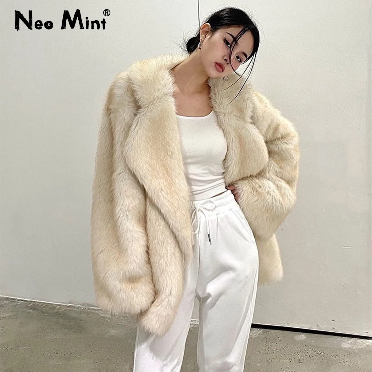 Neo Mint Luxury Brand Women Faux Fur Coat Animal Gradient Color