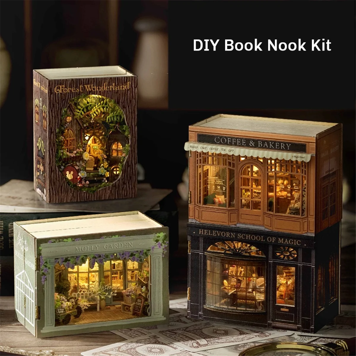 DIY Book Nook Kit with 3D Puzzle Model Building Wooden Bookshelf Bookend Toy Halloween Christmas Birthday Gift MINI-110 4