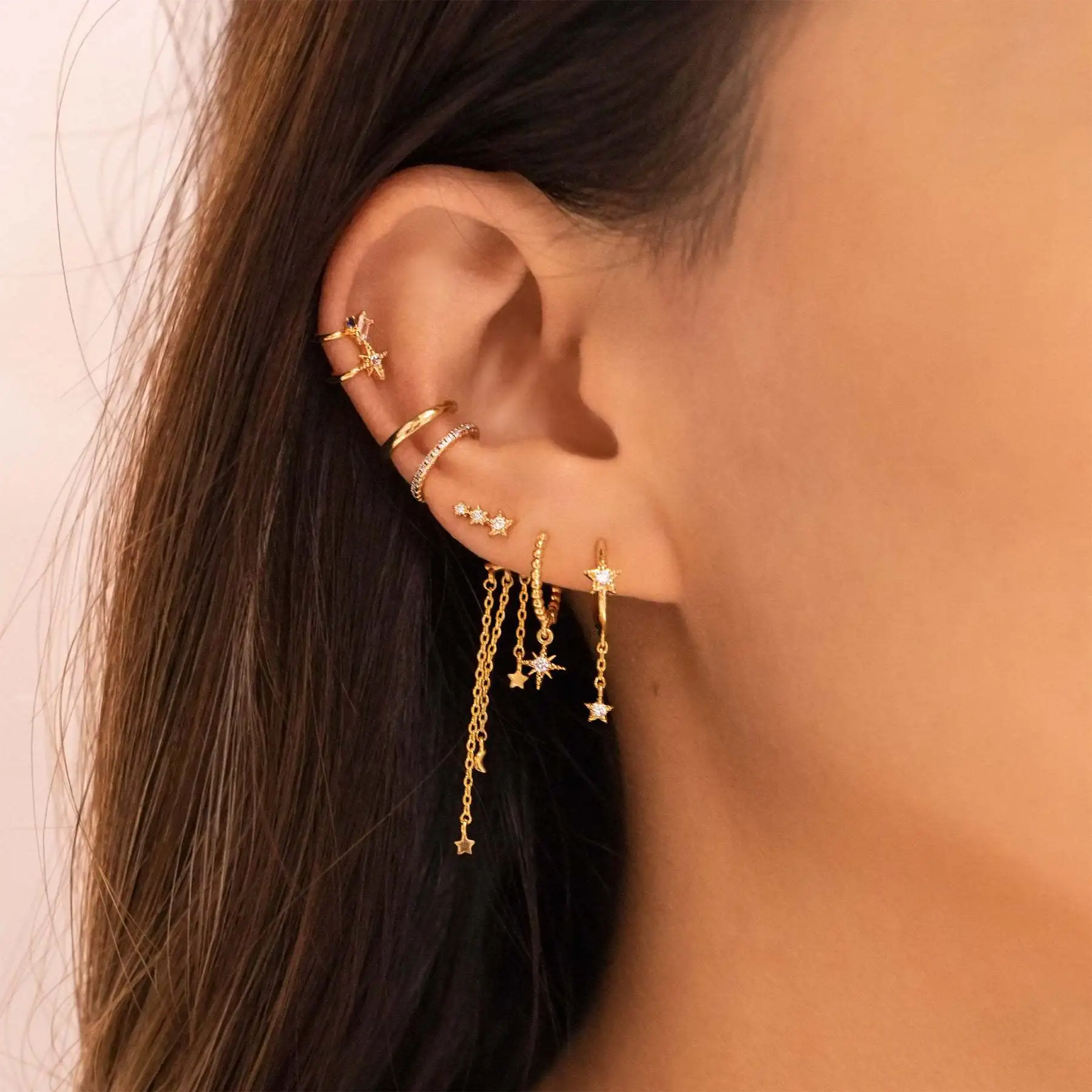 New Stainless Steel Cubic Zirconia Hoop Earring For Women Small Cloud Star Moon Chain Pendant Cartilage Earring Piercing Jewelry