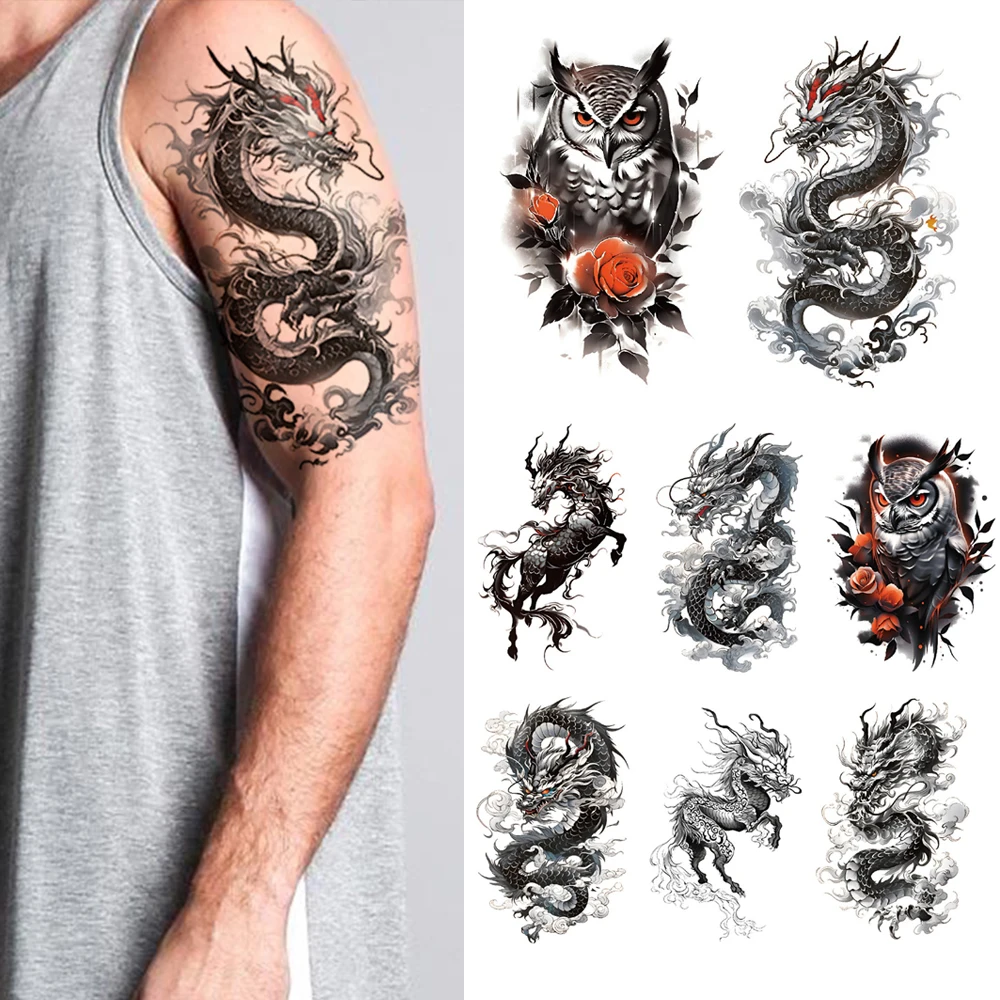 8pcs Waterproof Temporary Tattoo Sticker Flying Dragon Owl Rose Flowers Dark Animal Body Art Arm Fake Tattoos Sleeve Women Men 3