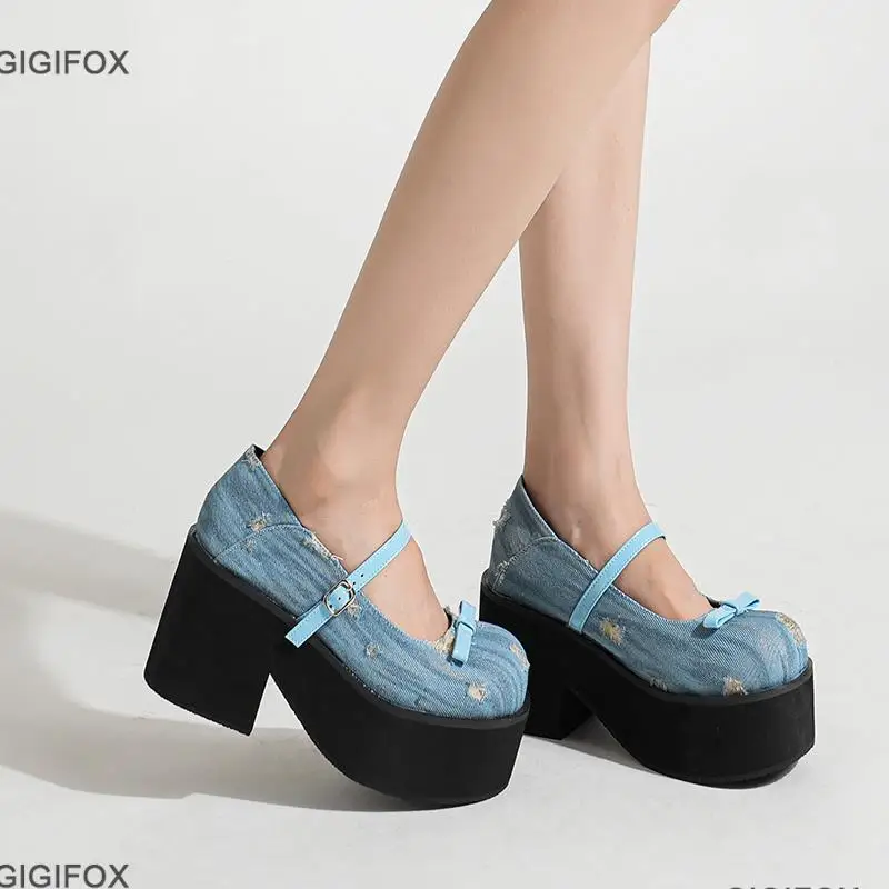 GIGIFOX High Platform Women Mary Jane Pumps Shoes Bow Knot Denim Blue Sweet Cute Mary Janes Shoes Woman School Pumps 2023 Spring