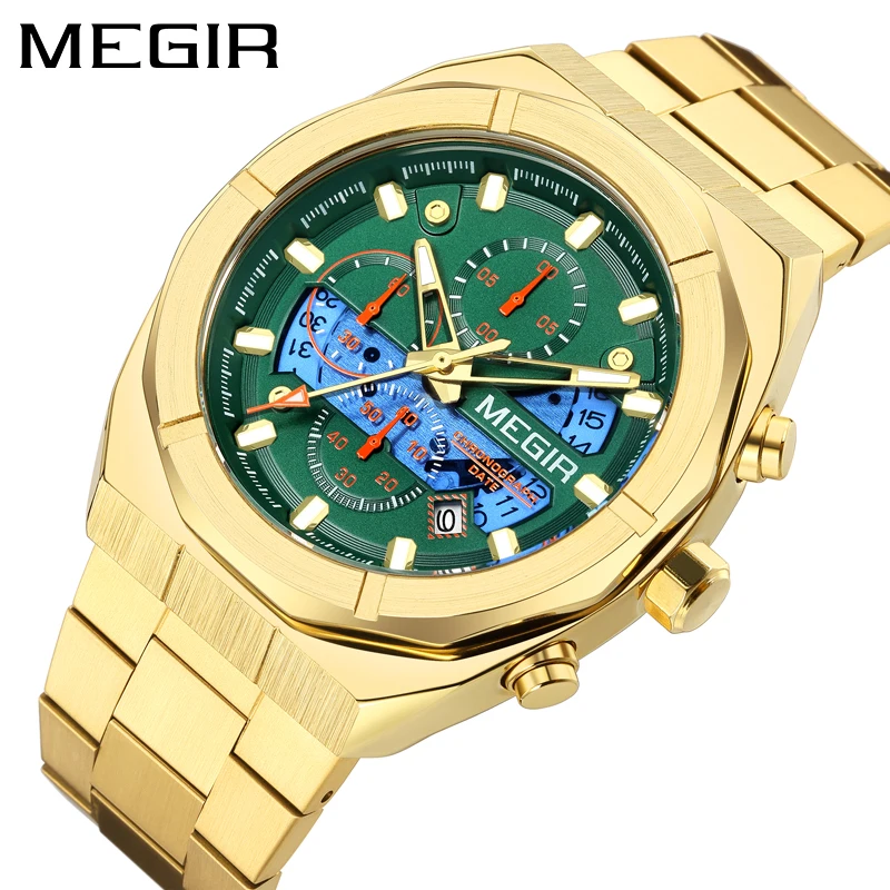 MEGIR Mens Watches Top Brand Luxury Gold Stainless Steel Strap Fashion Green Dial Quartz Watch for Men Sports Chronograph Watch