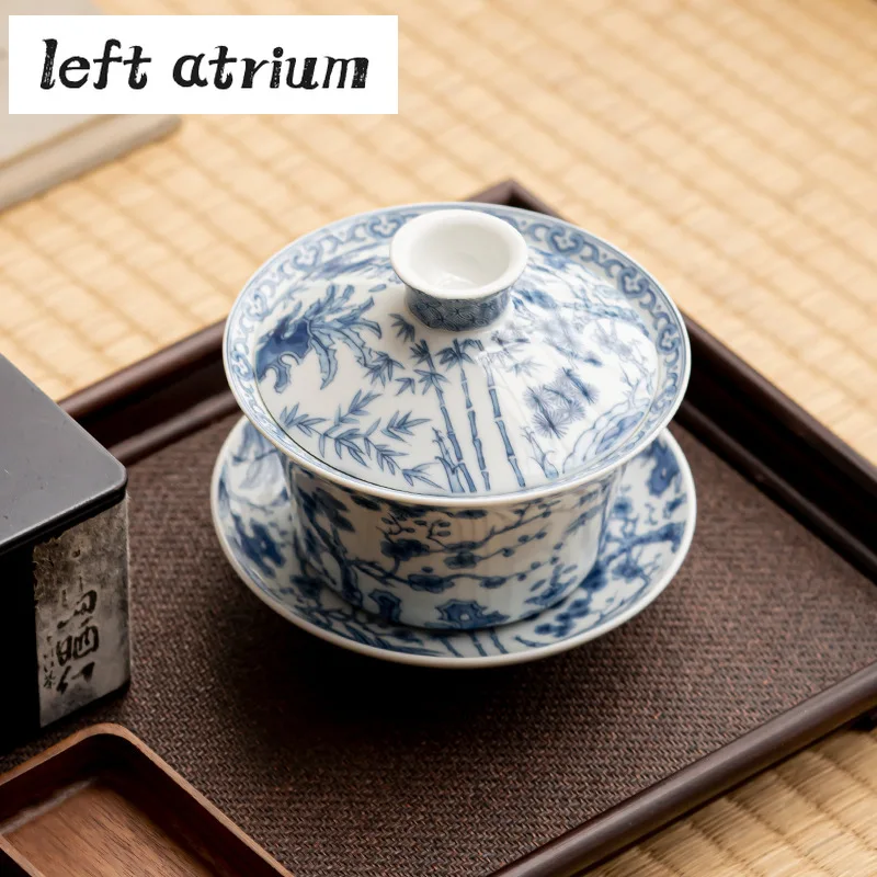 300ml Antique Blue and White Gaiwan Retro Dargon Cup Saucer Tea Tureen Chinese Tea Maker Cover Bowl Services Supplies Craft