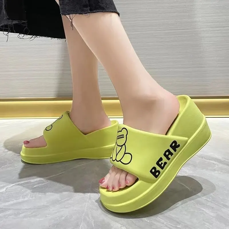 Summer Women's Platform Heeled SlippersLight EVA Slides Shoes Outdoor CasualSlippers Trend Cartoon Bears High HeelsSlippers