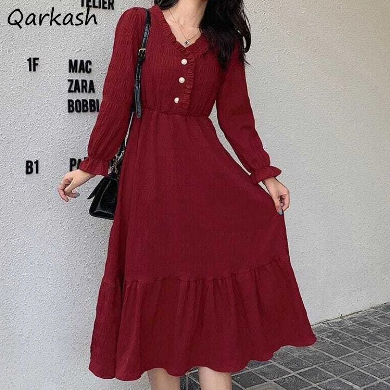 

Dresses Women Solid Simple Long Flare Sleeve Autumn V-neck French Style Chic Fairycore Vintage Gentle Casual Newly Fashion Folds